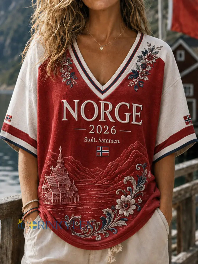 Kvinnorsk blomsterlappning Konst V-Hack T-shirt - som bild / S