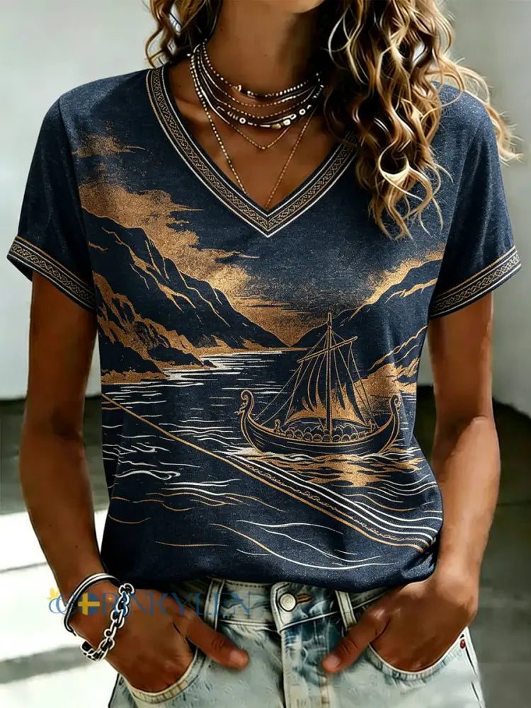 Kvinnorska Fjord Viking Tryckt V-hals T-shirt - som bild / S