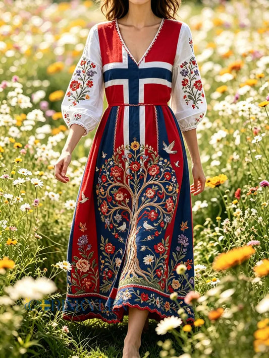 Kvinnorska Viking Skandinavisk-Inspirerad konst Skriv ut lång klänning - A / S