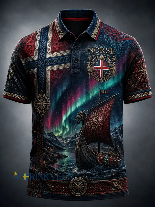 Lättviktig polotröja med vintage norsk viking-/skandinavisk folkkonsttryck - A / S