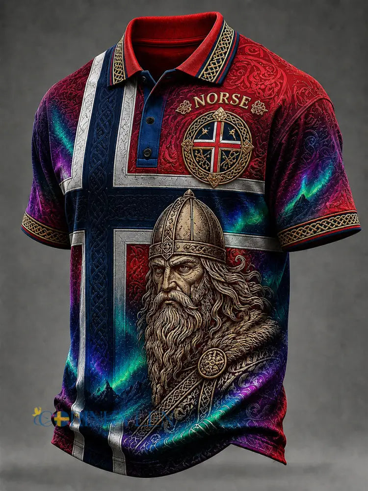 Lättviktig polotröja med vintage norsk viking-/skandinavisk folkkonsttryck - A / S