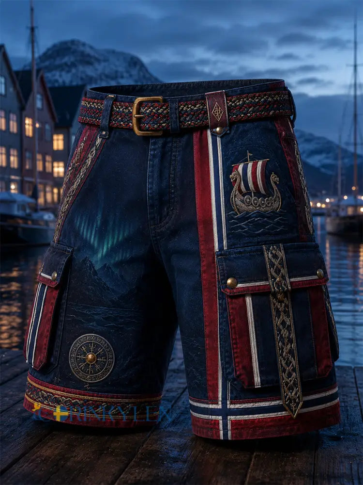 Ledsna shorts med vintage norsk viking- och skandinavisk folkkonsttryck - A / S