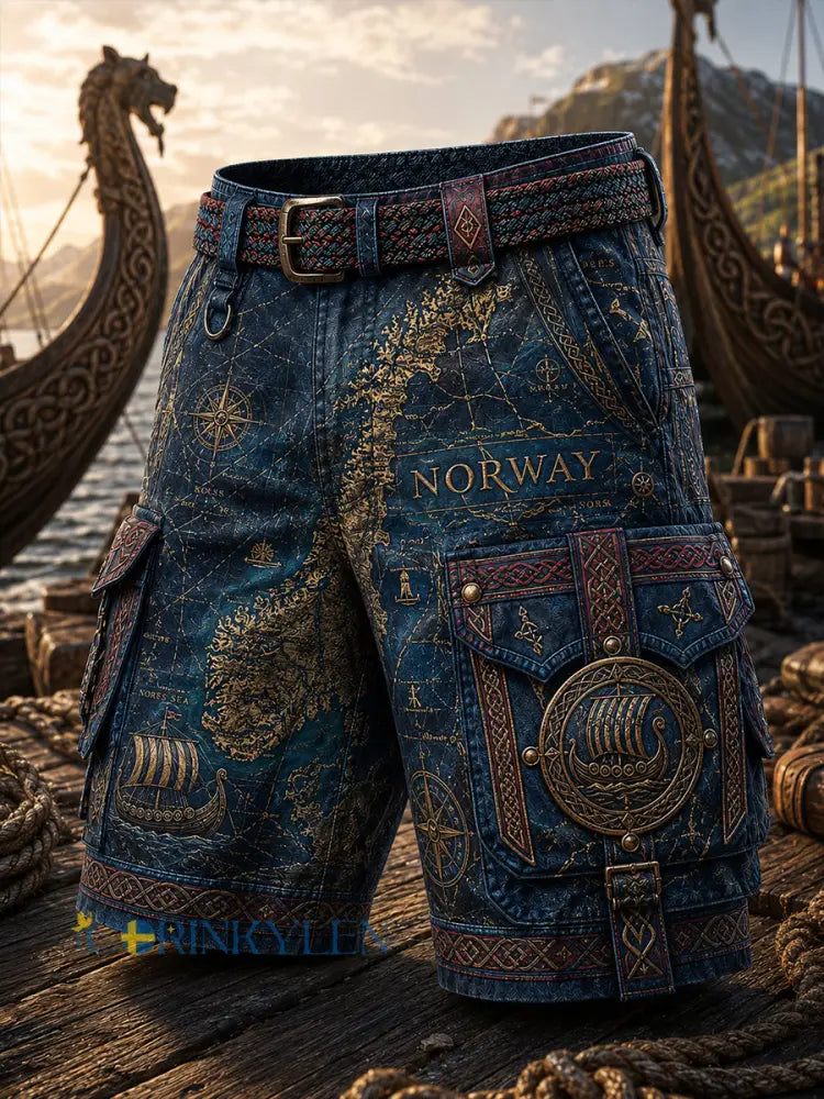 Ledsna shorts med vintage norsk viking- och skandinavisk folkkonsttryck - A / S