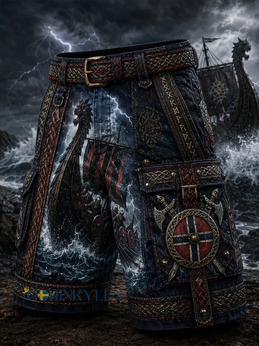 Ledsna shorts med vintage norsk viking- och skandinavisk folkkonsttryck - A / S