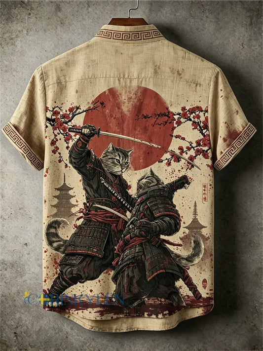 Mänkatt Samurai Duel Antik Japansk konst Print skjorta - bäie / S