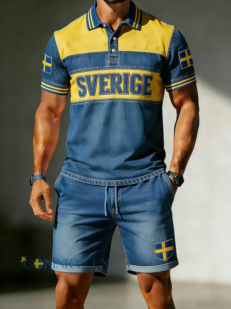 Mäns Denim färgblockade mönstrade print Polo tröja och kortar - A / S