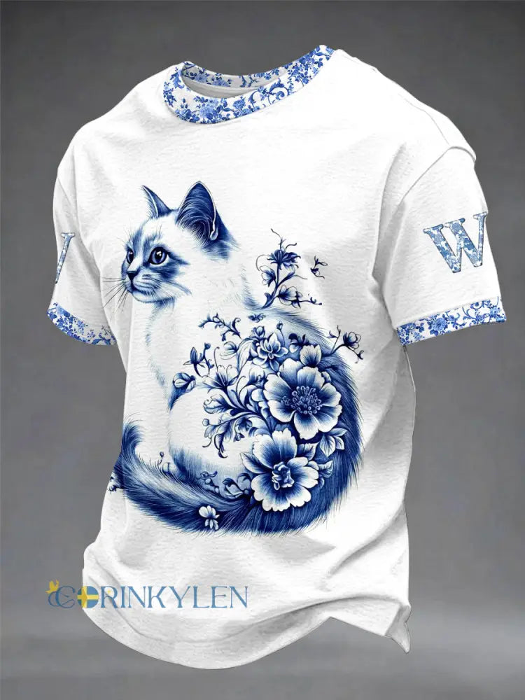 Mäns djurkatt Retro Unisex Casual Short-Sulf T-shirt - vitt / S