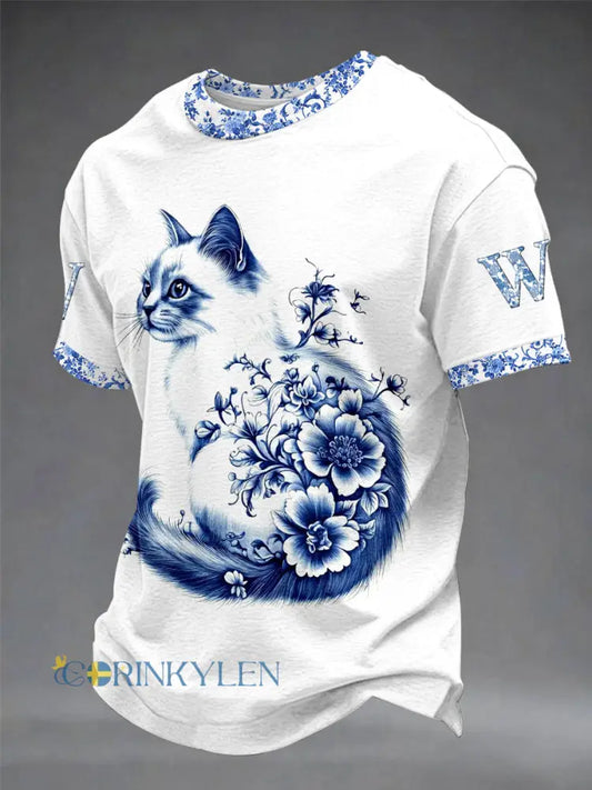 Mäns djurkatt Retro Unisex Casual Short-Sulf T-shirt - vitt / S