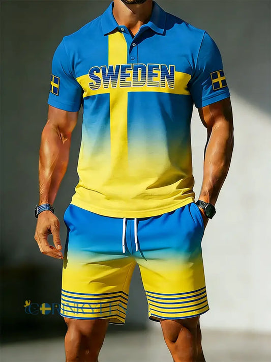 Mäns färgblockade gradient Print Polo Short-Sleeve Set - A / S