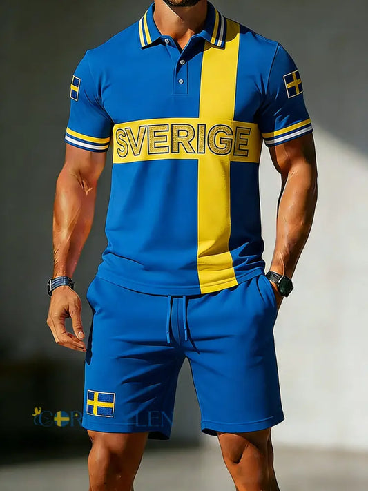 Mäns färgblockade mönstrade tryck Polo tröja och kortar - A / S