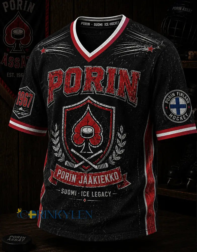 Mäns finska ishockey Porin Ässätt V-hals Kort ärm T-shirt - A / S