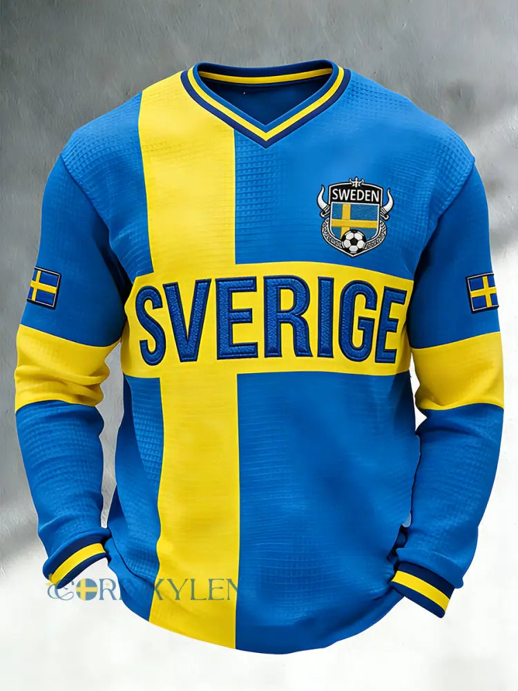 Mäns fotboll-tema färgblockade utskrift våffel sticka V-hals långärm T-shirt - A / S