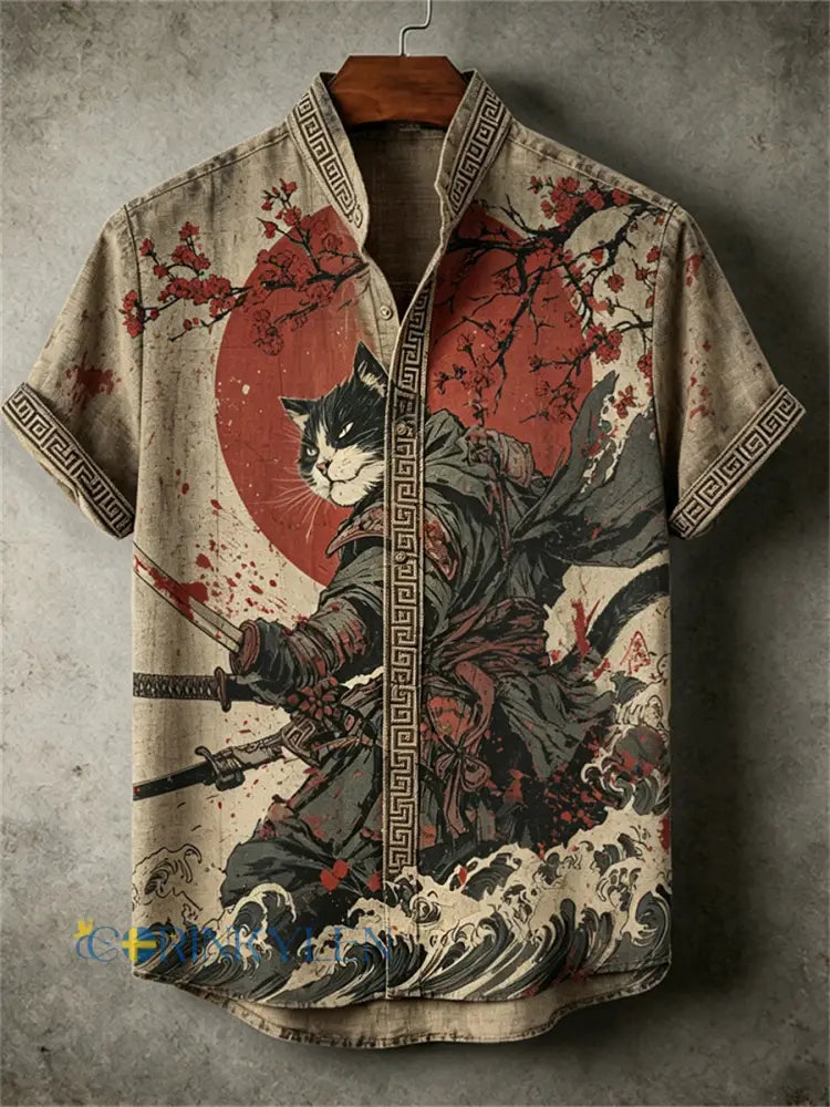Mäns grym katt Samurai Sunuppgång Japansk konst Print skjorta - bäie / S
