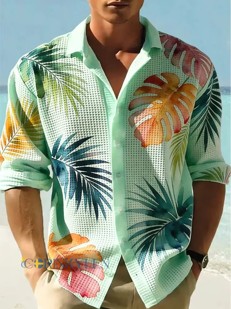 Mäns Hawaiian-stil abstrakt palmblad våffle-väv skjjorta - flerlog / S