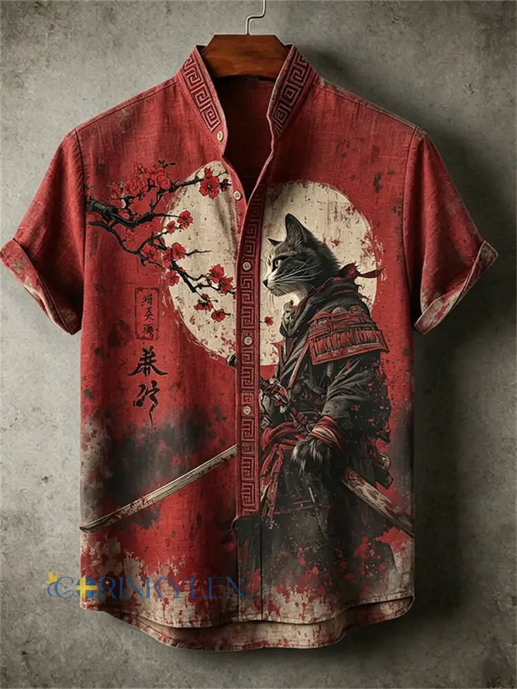 Mäns japanska Blodig katt samurai & plommon Blossom Tryck skjorta - röd / S