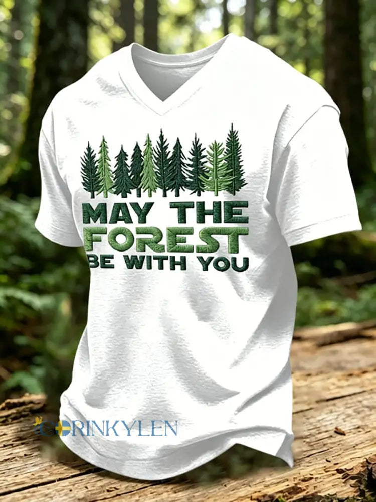 Mäns kan skogen vara med du tryckt V-hals T-shirt - vit / S