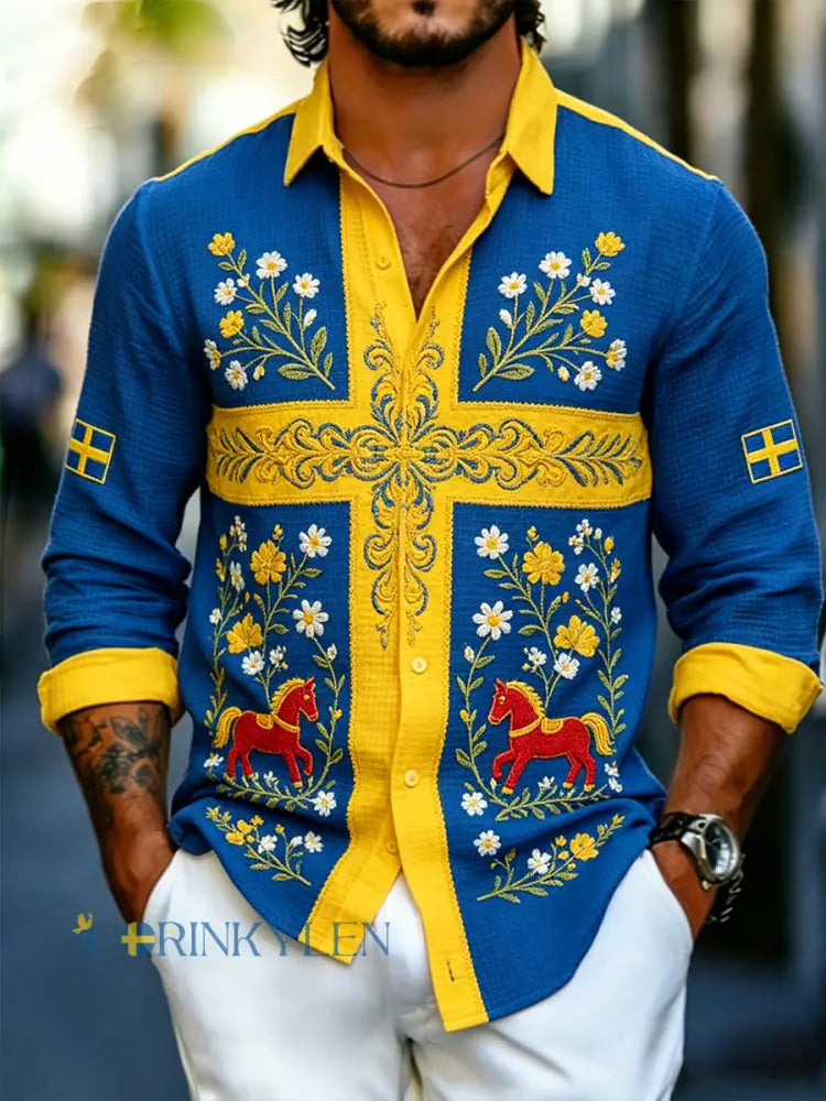 Mäns midsommar Floral Print Långa ärm våffle klänning Textured skjjorta - A / S