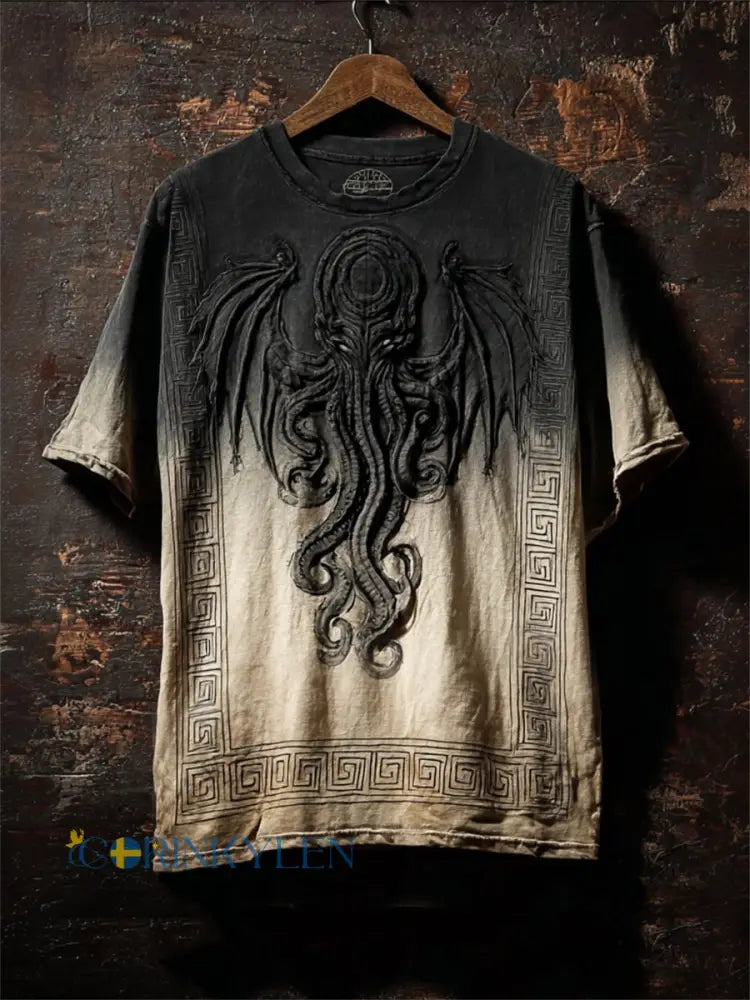 Mäns mörka Cthulu Great Old One Print Kontrast Gradient korta ärmar t-shirt - kränk-vitt / S