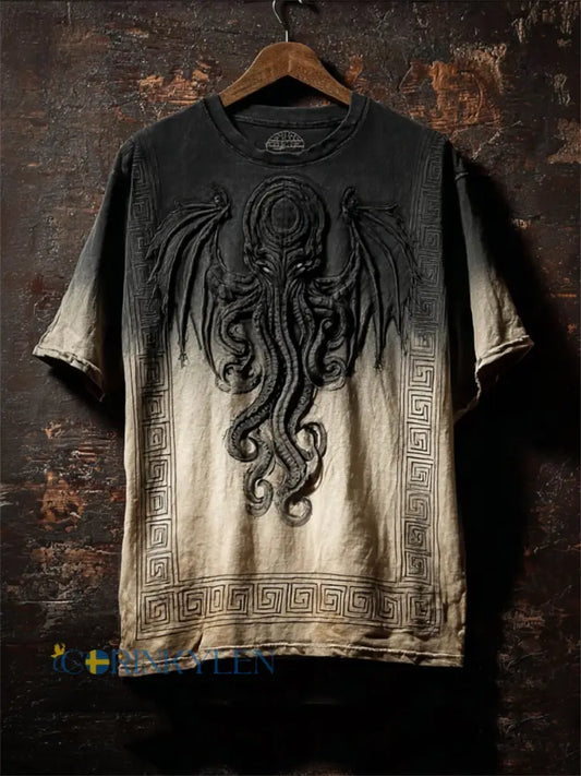 Mäns mörka Cthulu Great Old One Print Kontrast Gradient korta ärmar t-shirt - kränk-vitt / S