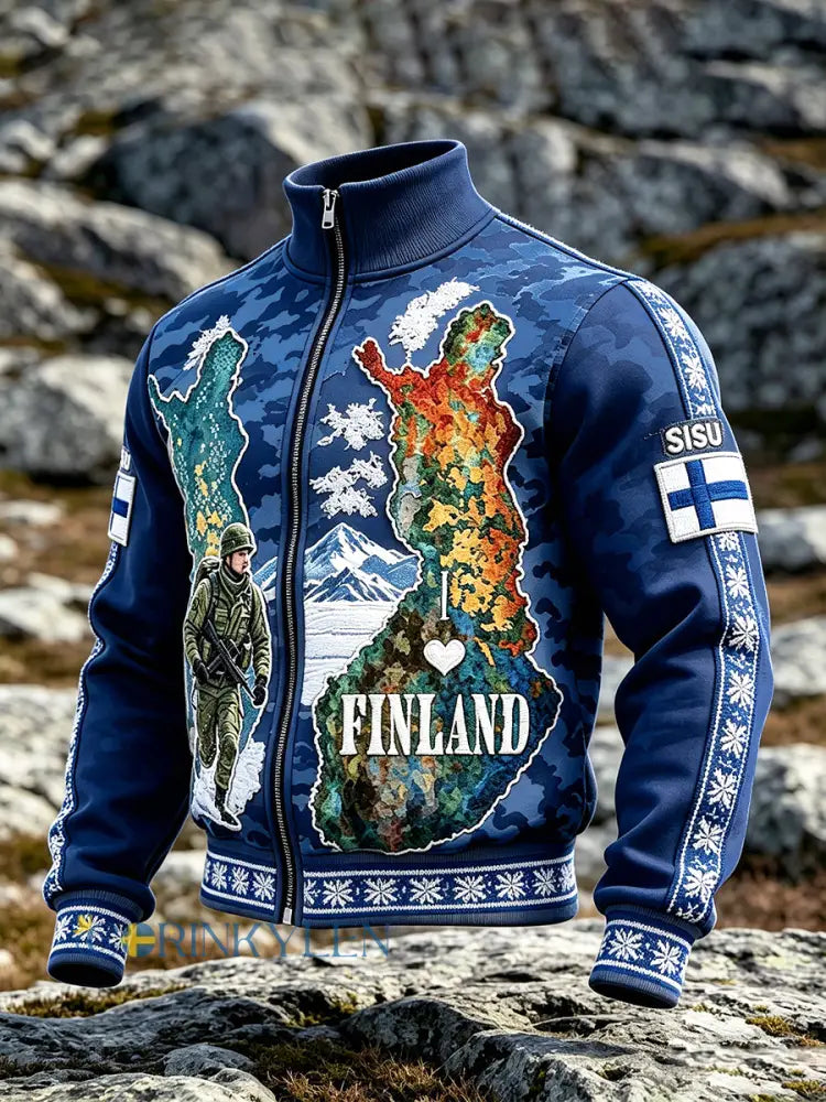 Mäns mörkblå Kamouflage Finsk soldat ’Sisu Spirit’ Skriv ut Casual Zip-Up Jacka - blå / S