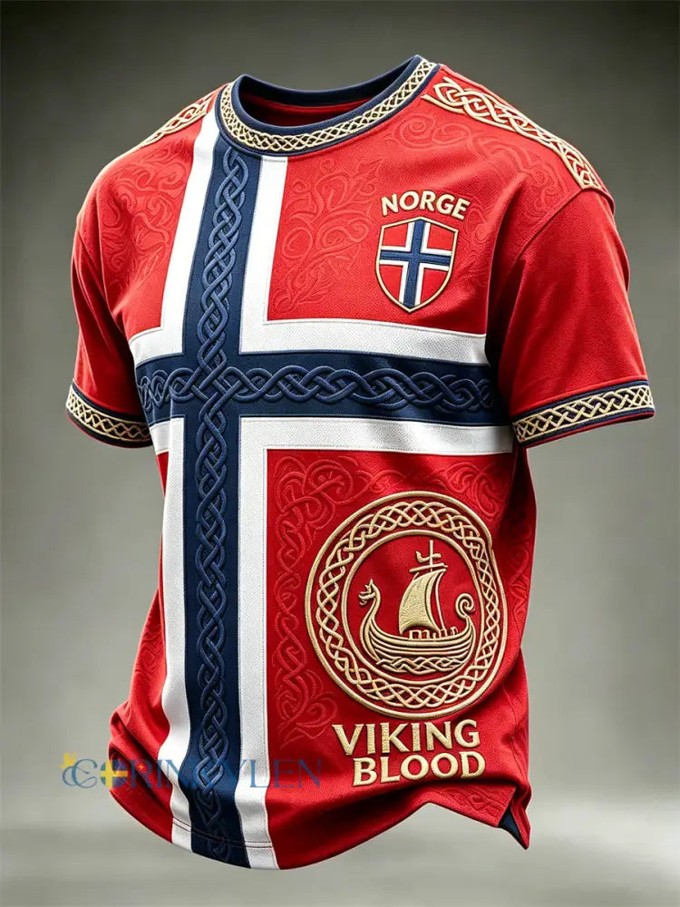 Mäns Norge Fotboll Viking Blodskepp Celtic Knop Flag Skriv ut korta ärmar t-shirt - röd / S