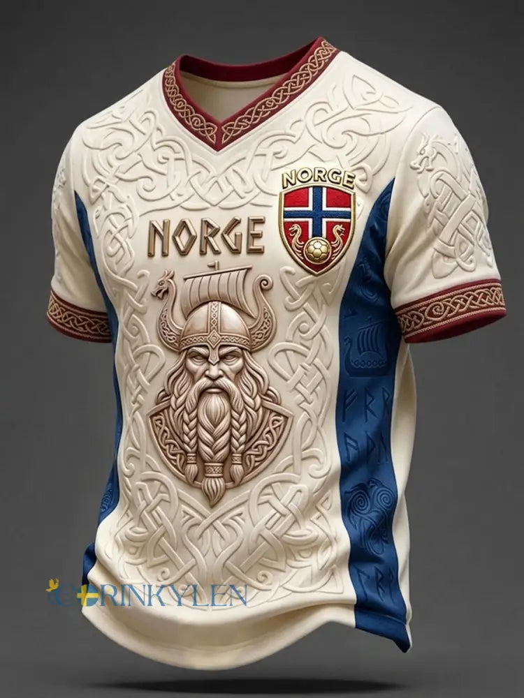 Mäns Norge Fotboll Viking Inspired Art Print V-hals T-shirt - kränk-vitt / S