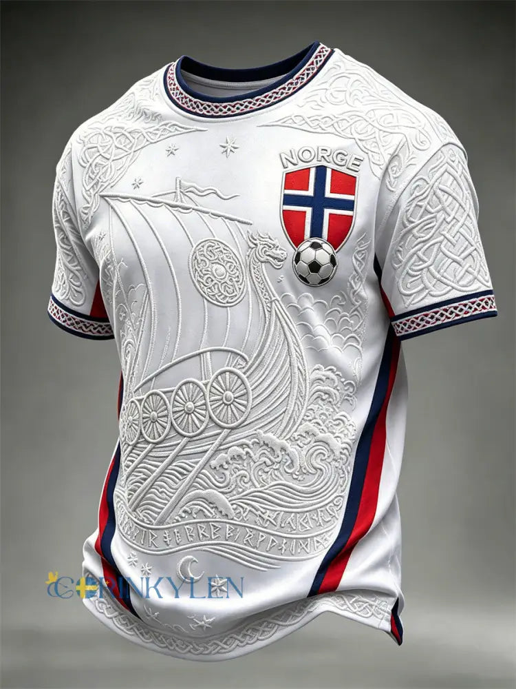 Mäns Norge Fotboll Viking Ship Celtic Knop Flag Skriv ut korta ärmar t-shirt - vitt / S