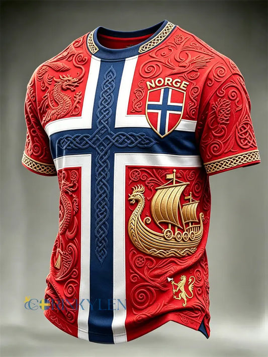 Mäns Norge Fotboll Viking Ship & Dragons Celtic Flag Colorblock Skriv ut korta ärmar t-shirt - röd / S