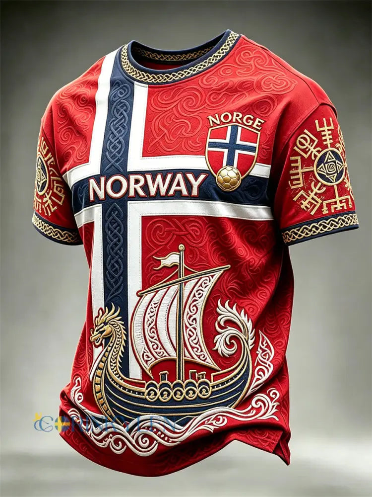 Mäns Norge Fotboll Viking Ship & Vegvisir Celtic Knop Skriv ut korta ärmar t-shirt - röd / S