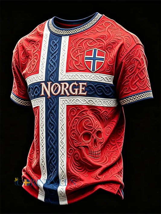 Mäns Norge Fotboll Viking Skull Celtic Knop Flag Färgblock Skriv ut korta ärmar t-shirt - röd / S