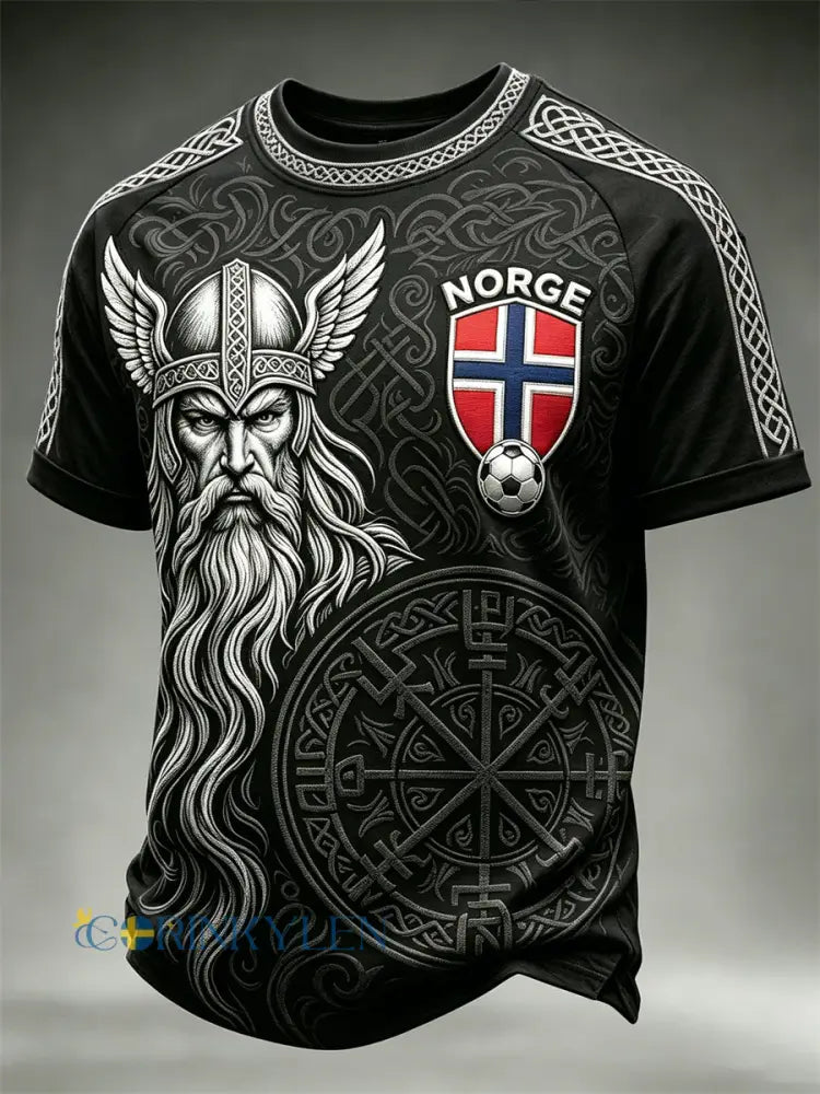 Mäns Norge Fotboll Viking Vegvisir Krigare Celtic Print kort ärm t-shirt - svart / S
