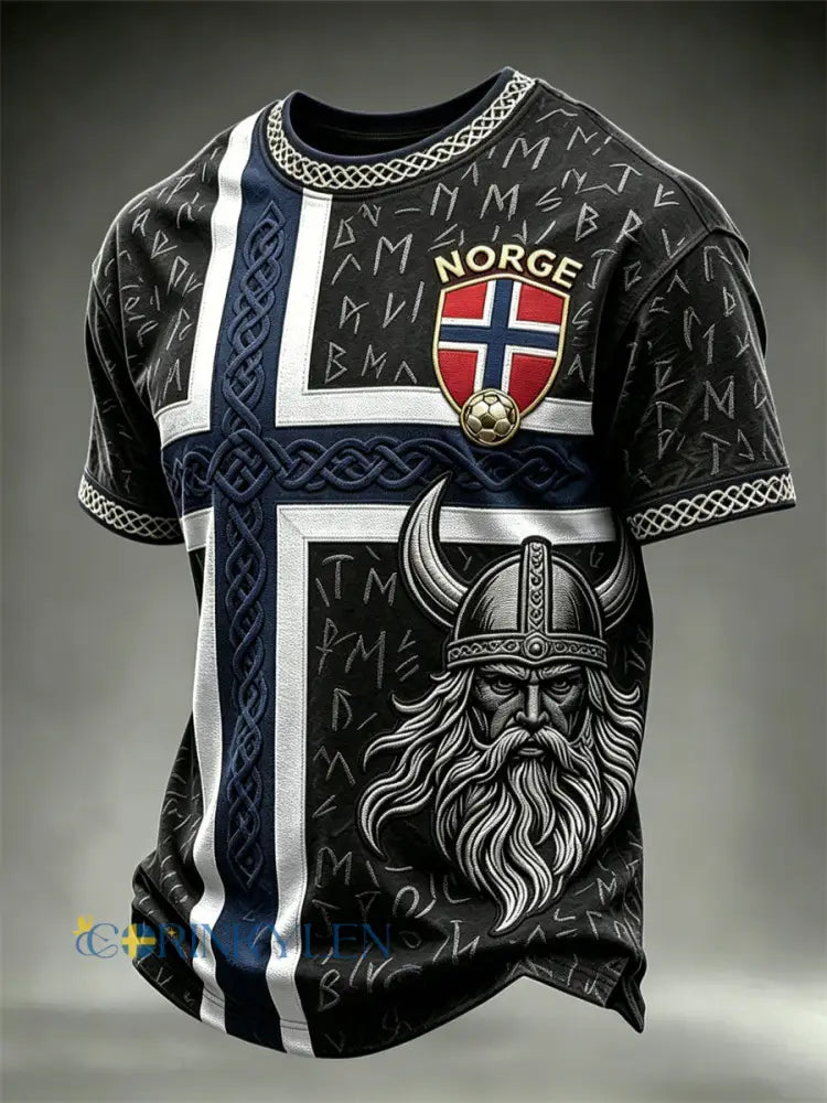 Mäns Norge Fotboll Viking Warrior & Runes Celtic Knot Flag Skriv ut korta ärmar t-shirt - svart / S