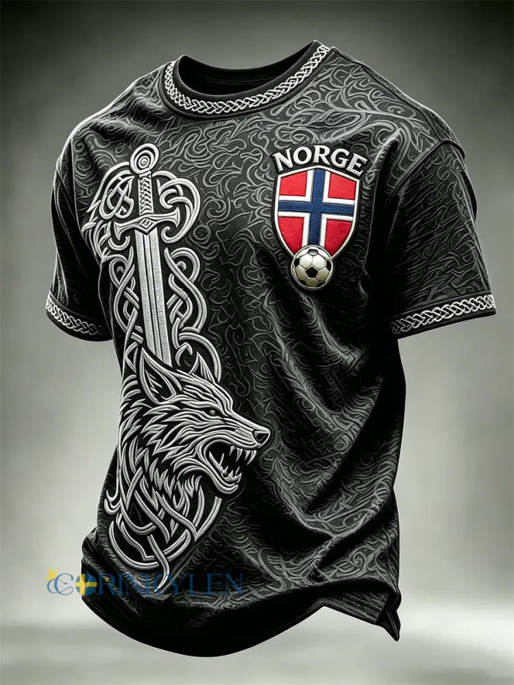 Mäns Norge Fotboll Viking Wolf & Sword Celtic Knop Skriv ut korta ärmar t-shirt - svart / S