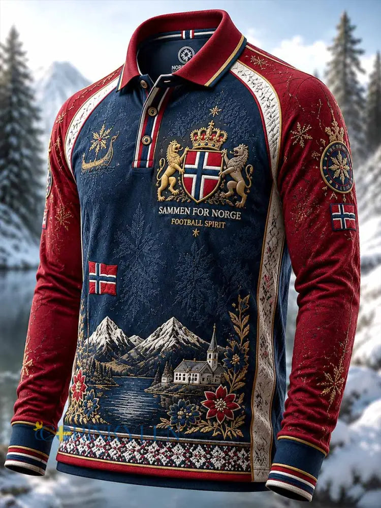 Mäns Norge Team fotboll Print lång ärm Polo tröj - som bild / S