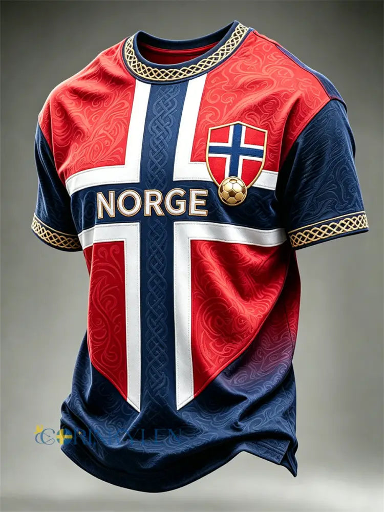 Mäns Norge Viking Celtic Norway Fotboll & Flag Colorblock Skriv ut korta ärmar t-shirt - djupblåa / S