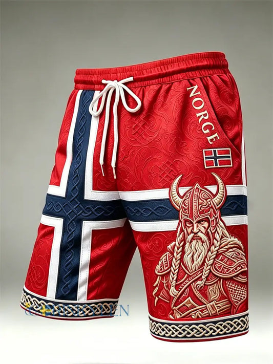 Mäns Norge Viking krigare Celtic Knop Flag Print Drawstring Shorts - röd / S