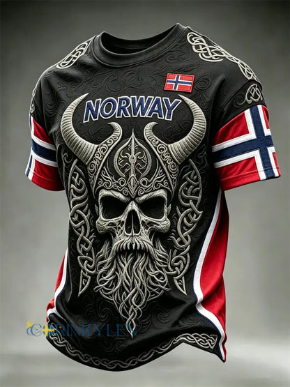 Mäns Norge Viking Krigare Skull Celtic Knop Flag Skriv ut korta ärmar t-shirt - svart / S