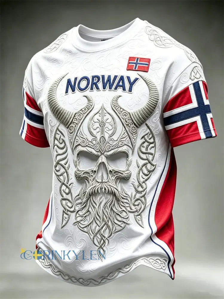 Mäns Norge Viking Krigare Skull Celtic Knop Flag Skriv ut korta ärmar t-shirt - vit / S