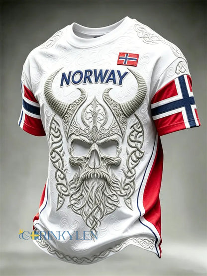 Mäns Norge Viking Krigare Skull Celtic Knop Flag Skriv ut korta ärmar t-shirt - vit / S