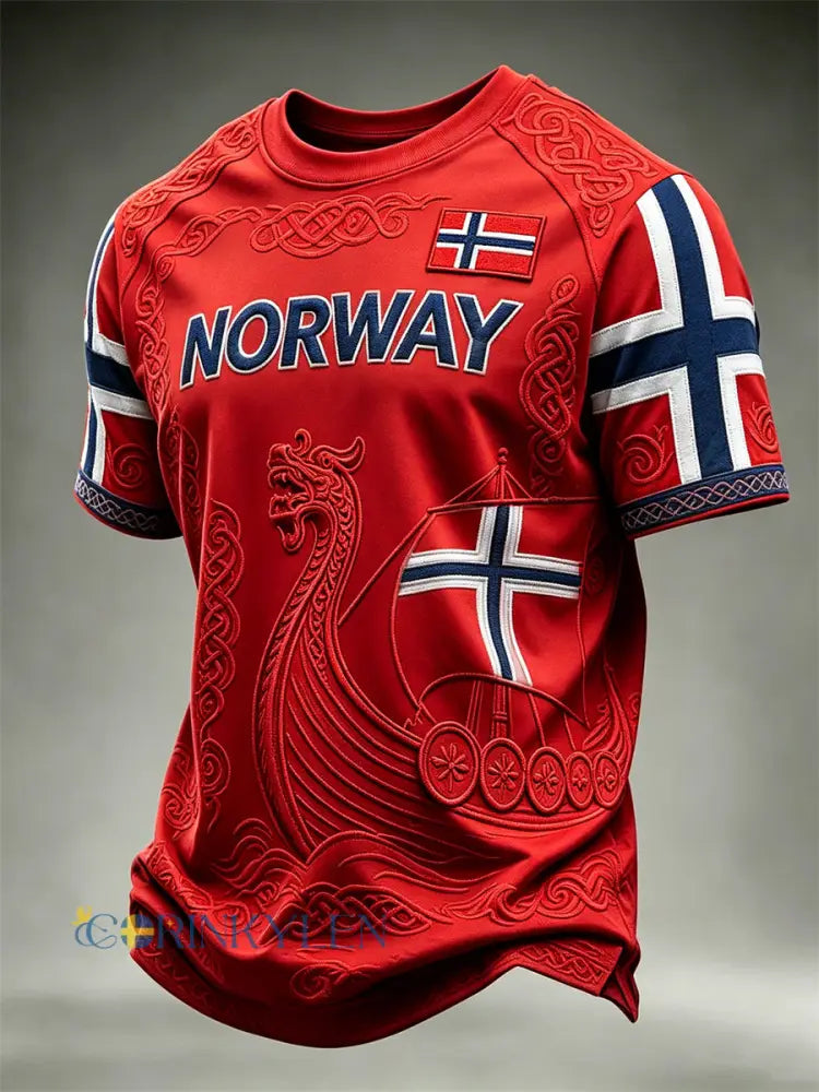 Mäns Norge Viking Ship Celtic Knop Flag Skriv ut korta ärmar t-shirt - röd / S
