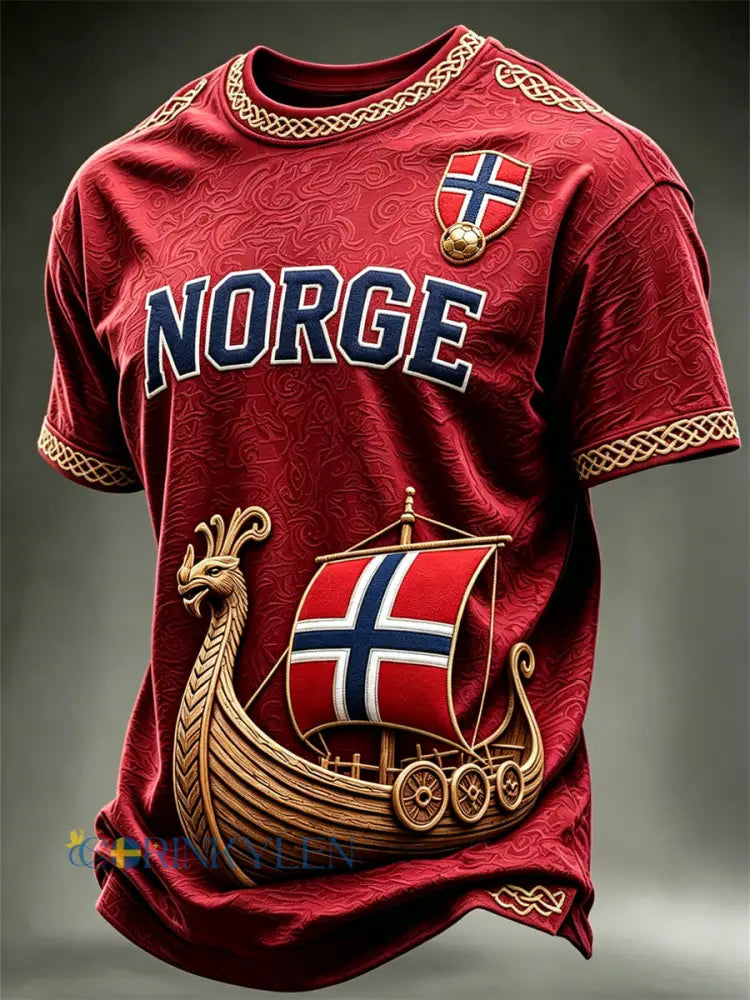 Mäns Norge Viking Ship Norge Fotboll & Flagg Konst Skriv ut korta ärmar t-shirt - röd / S