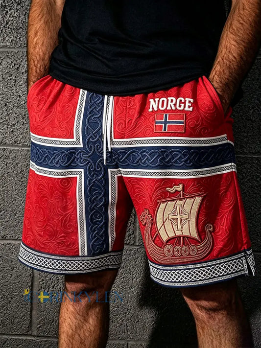 Mäns Norge Viking skepp konst Celtic Flag Skriv ut Casual Drawstring Shorts - röd / S