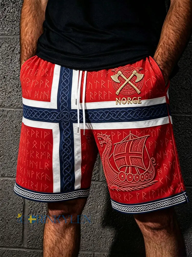 Mäns Norge Viking skepp konst Celtic Flag Skriv ut Casual Drawstring Shorts - röd / S