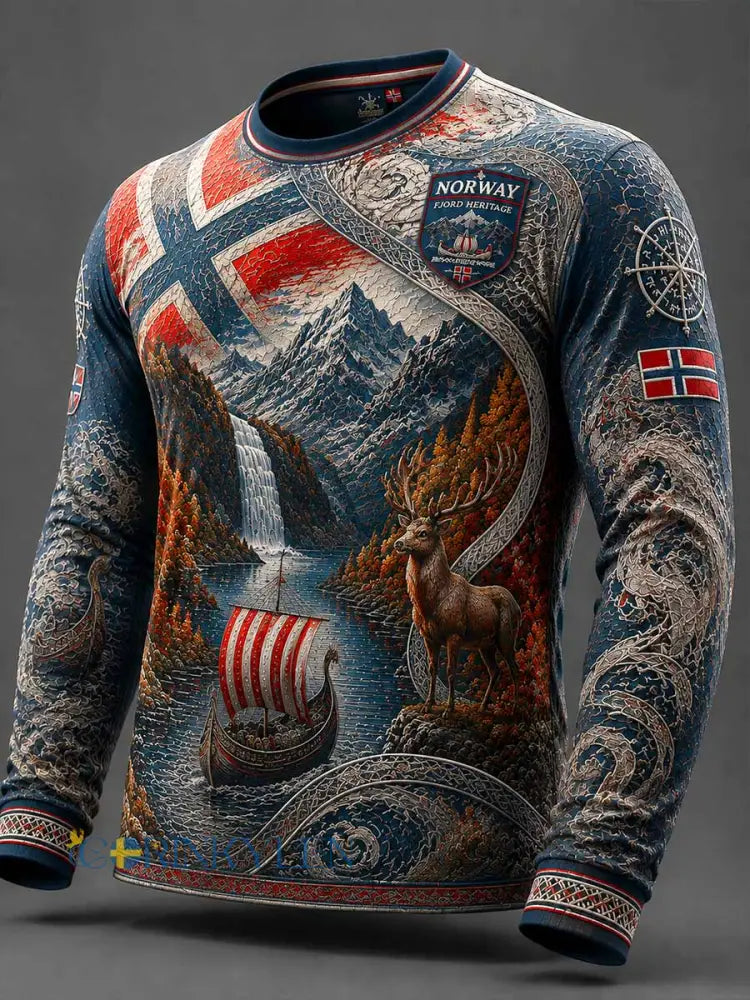 Mäns norska Fjord resemönster Skriv ut Sweatshirt - som bild / S