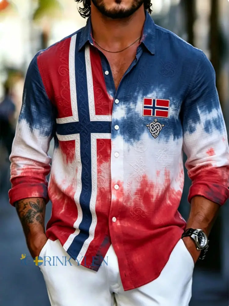 Mäns norska flagga färgprint långärmad skjorta - A / S