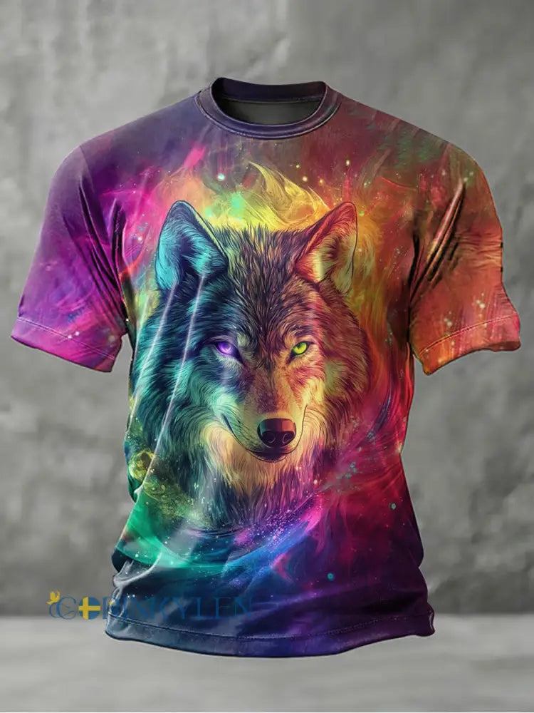 Mäns regnbåge varg konsttryck avslappnad T-shirt - som bild / S