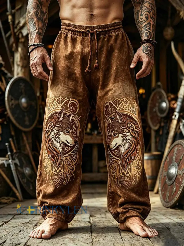 Mäns Retro Celtic Knop Varg Viking tryckta byxor - som bild / S