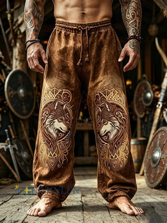 Mäns Retro Celtic Knop Varg Viking tryckta byxor - som bild / S