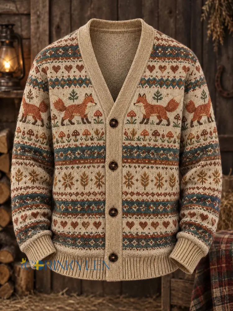 Mäns Retro Fair Isle Fox och svamp Print Casual Cardigan Tröjar - som bild / S