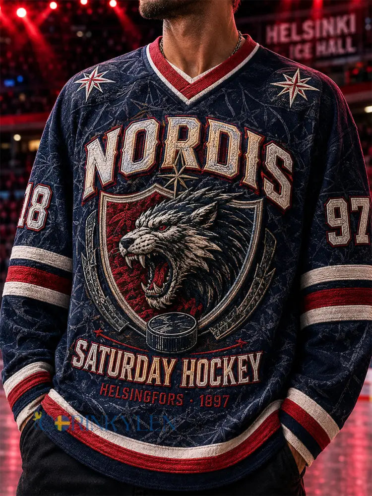 Mäns Retro Finska Hockey HIFK Älskare Långärm T-shirt - blå sjöfart / S
